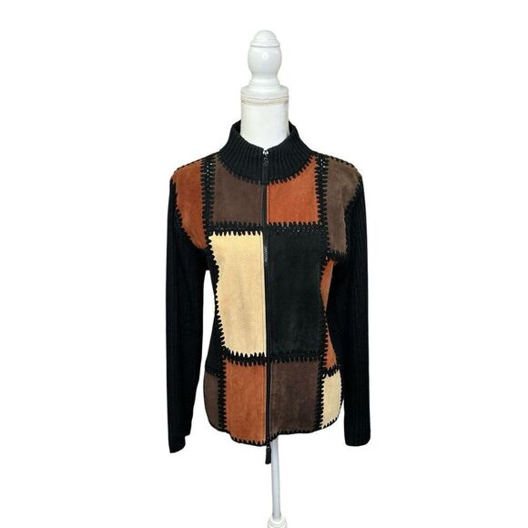 Suede Patchwork Double Zip Knit Sweater Fabric Sleeves Women’s Size Medium - Picture 1 of 14